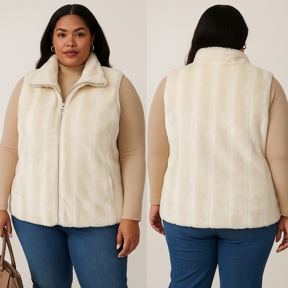 Vintage Jackets & Blazers - Ivory Cream Faux Fur Vest Rich Elegant Luxurious Plus Size Pockets Zippered Euc